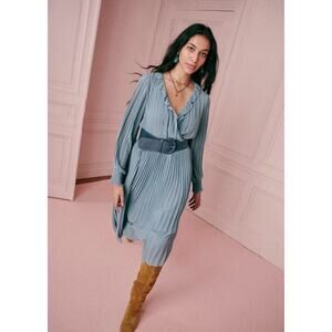 Sezane Tal Midi Dress in Antique Blue Size XS Pleated Ruffles Long Sleeve French